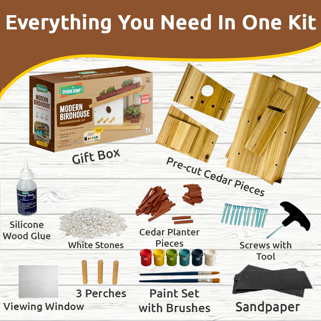 SparkJump birdhouse kit contents laid out with tools and screws.