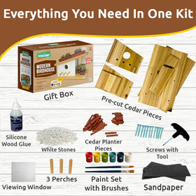 SparkJump birdhouse kit contents laid out with tools and screws.