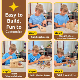 SparkJump kids assembling birdhouse, fostering hands-on learning and teamwork.
