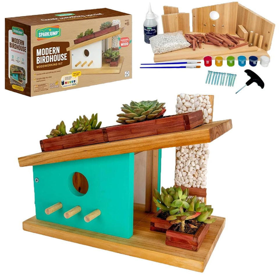 SparkJump modern birdhouse kit includes cedar parts for easy assembly.