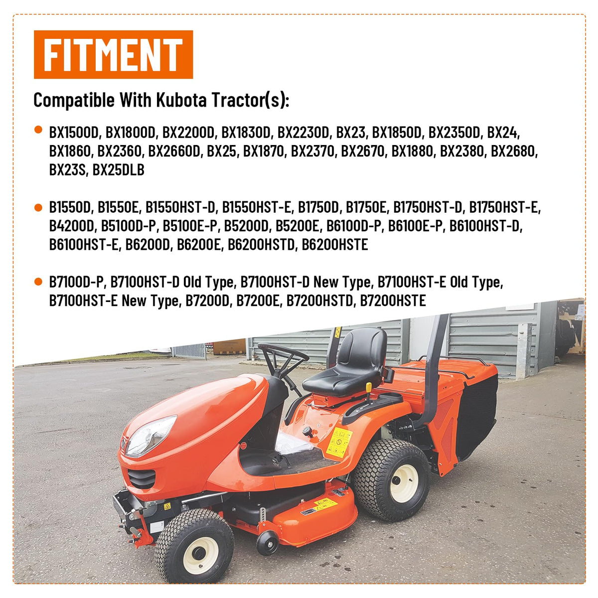 Broad Kubota model compatibility shown in close-up.