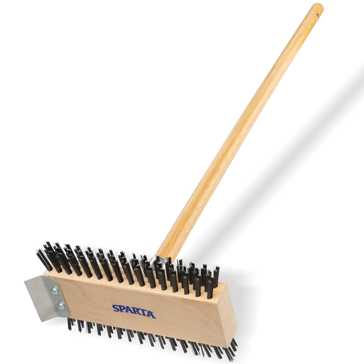SPARTA Broiler Master grill brush with a 30-inch handle reaching hard-to-reach grates.