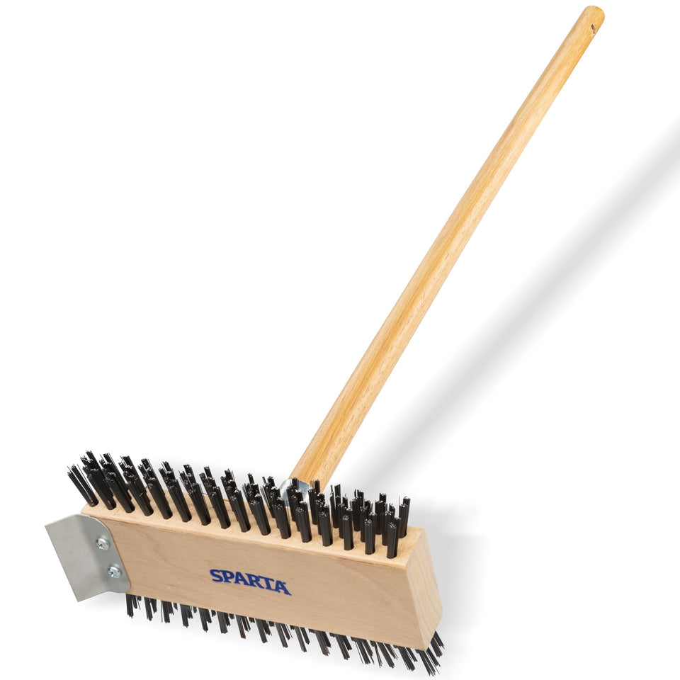 SPARTA Broiler Master grill brush with a 30-inch handle reaching hard-to-reach grates.