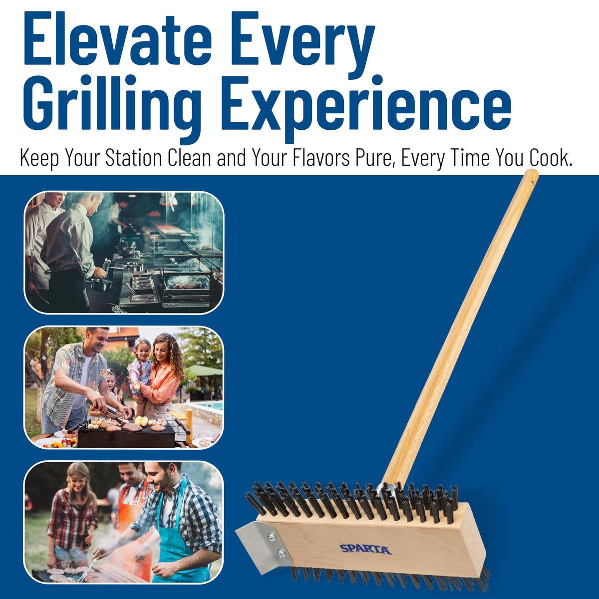 SPARTA long-reach design enables safe, bend-free grill cleaning.
