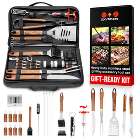 SpartaSake 24pc BBQ grilling set with wood handles for durable outdoor cooking.
