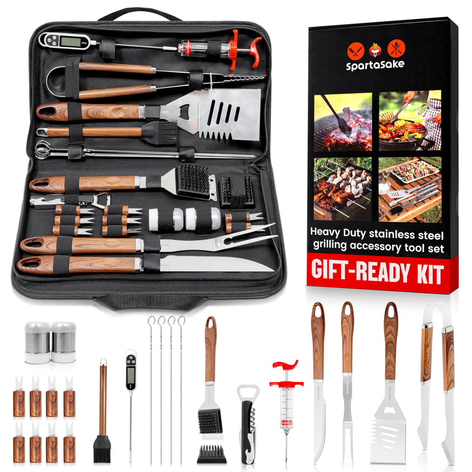 SpartaSake 24pc BBQ grilling set with wood handles for durable outdoor cooking.