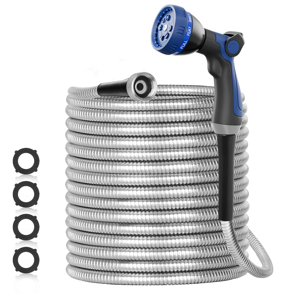 SPECILITE 100ft stainless steel hose rolled for easy storage and durable performance.