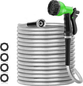 SPECILITE 75ft stainless steel garden hose demonstrates durable outdoor watering capability