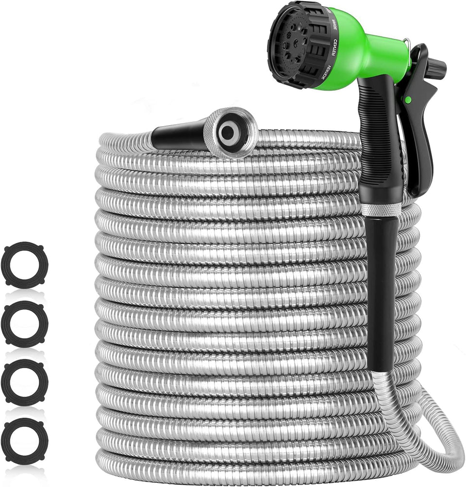 SPECILITE 75ft stainless steel garden hose demonstrates durable outdoor watering capability