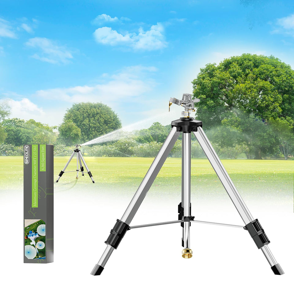SPECILITE brass impact sprinkler on tripod base delivers broad lawn coverage