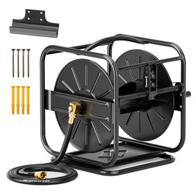 SPECILITE garden hose reel with 360° rotating base for effortless watering coverage.