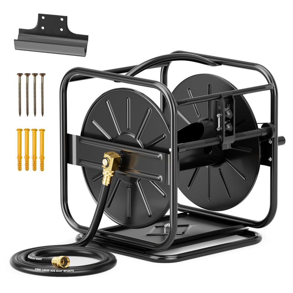 SPECILITE garden hose reel with 360° rotating base for effortless watering coverage.