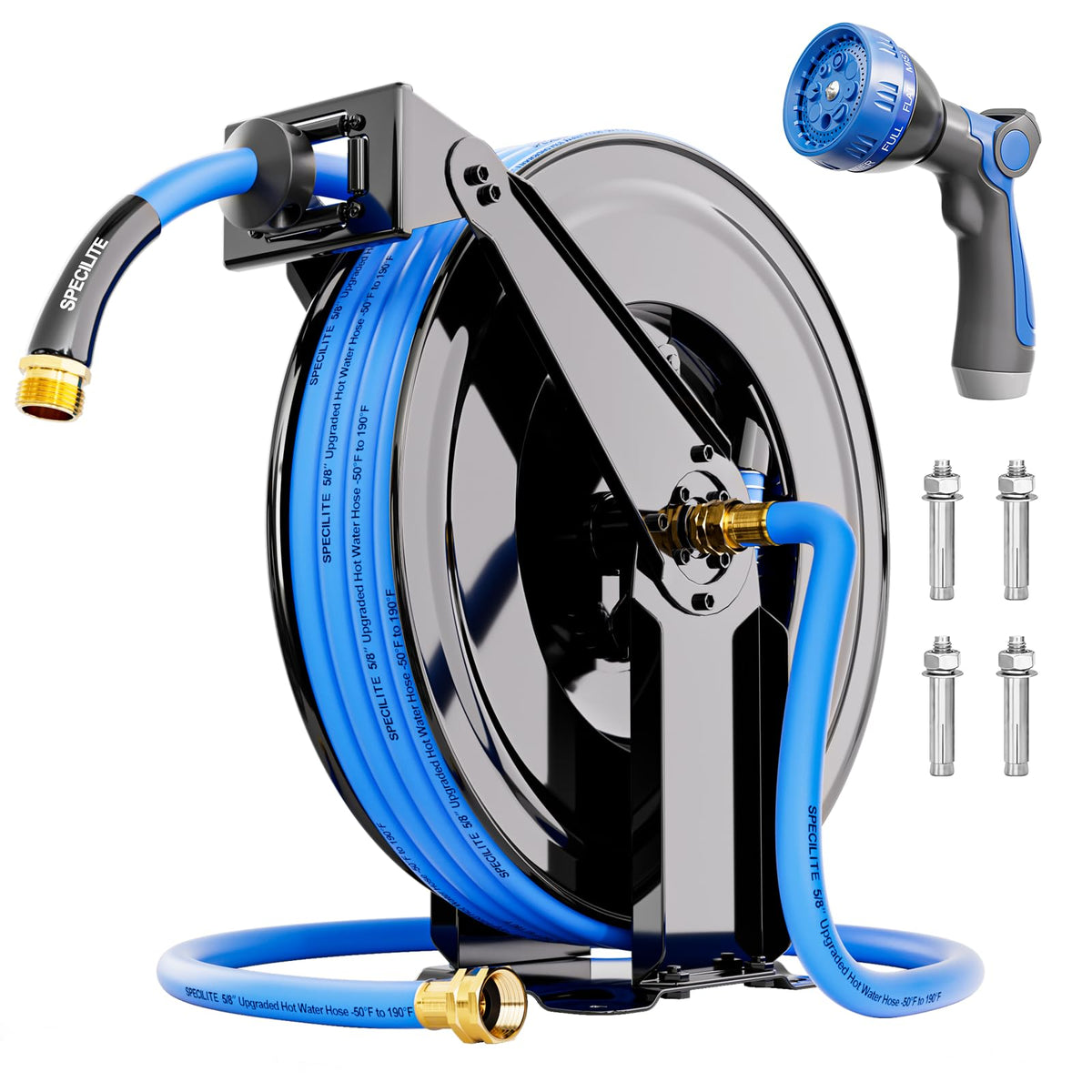 SPECILITE retractable hose reel mounted on wall for efficient watering and tidy storage.