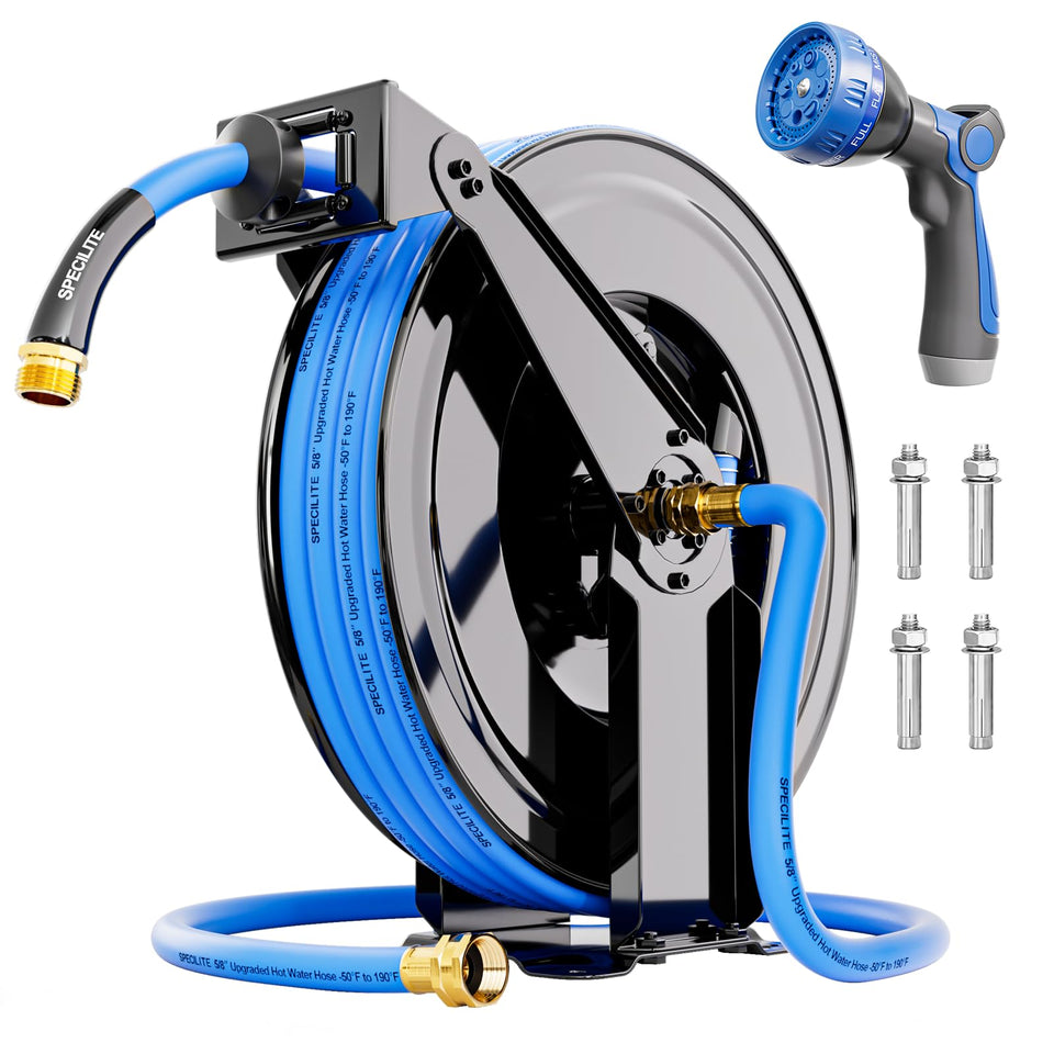 SPECILITE retractable hose reel mounted on wall for efficient watering and tidy storage.