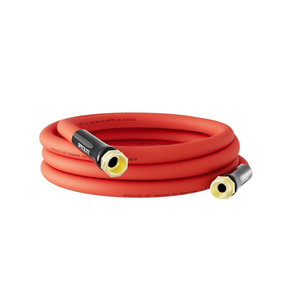 SPECILITE short leader hose 15ft red shown in garden setup for faucet-to-reel connection