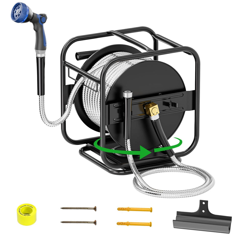 SPECILITE metal garden hose reel with 100ft main hose for easy watering