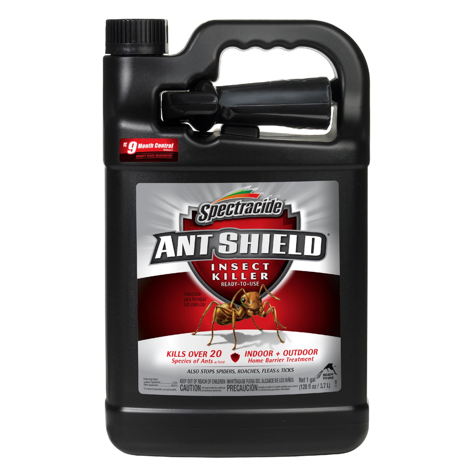 Spectracide Ant Shield bottle outdoors protects the home from invading ants.
