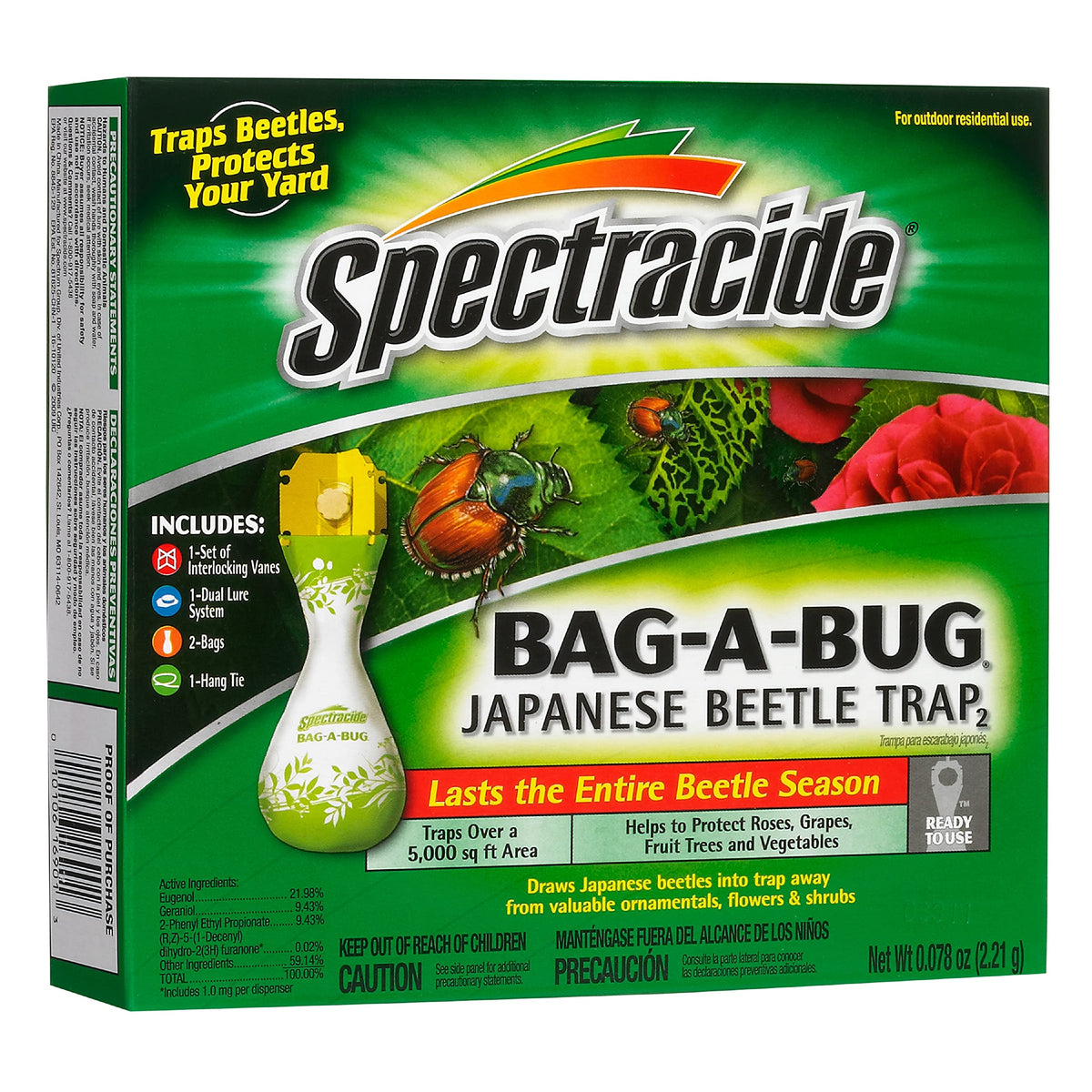 Spectracide Bag-A-Bug Japanese Beetle Trap 2 captures beetles to protect ornamentals and shrubs.