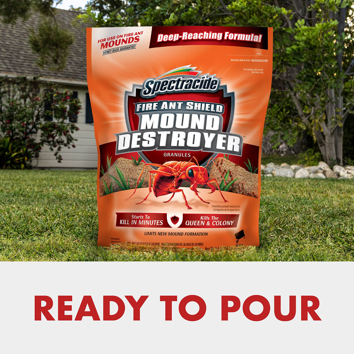 Applying Spectracide Fire Ant Shield granules outdoors to tackle new mounds