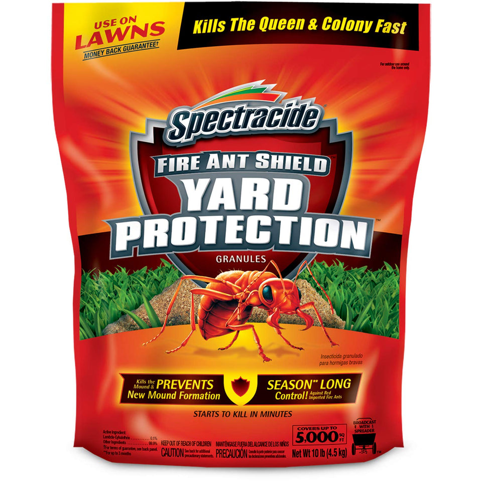 Spectracide Fire Ant Shield granules in bag front offering fast outdoor lawn protection.