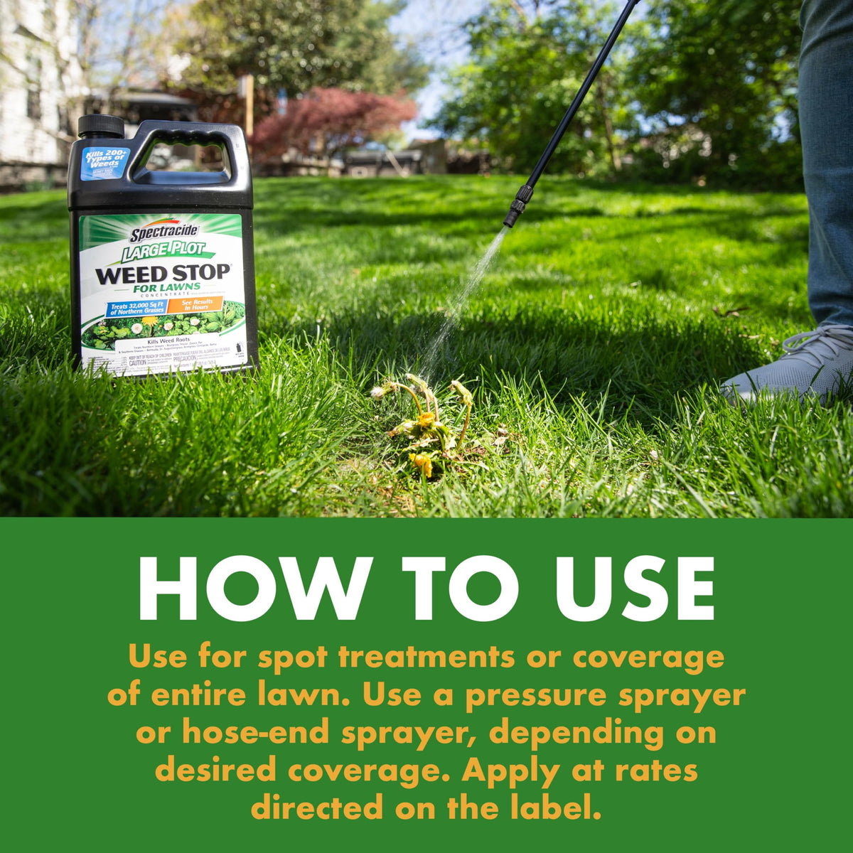 Sprayer application of Spectracide Large Plot Weed Stop on a green lawn
