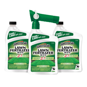 Spectracide lawn fertilizer bottle delivering quick and sustained green growth