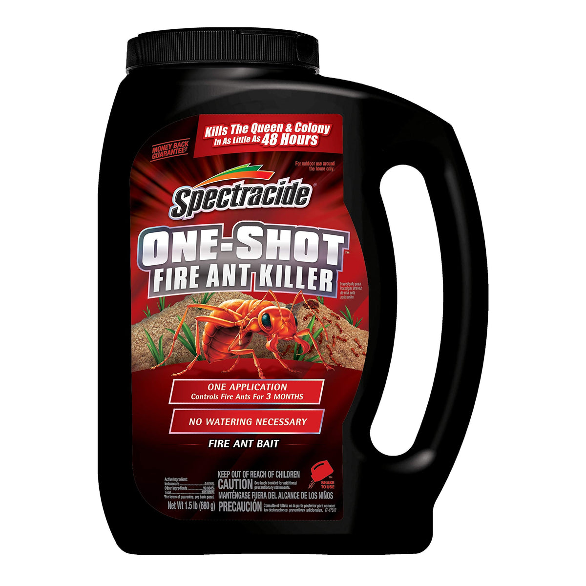 Spectracide One Shot Fire Ant Killer bait broadcast across the lawn.