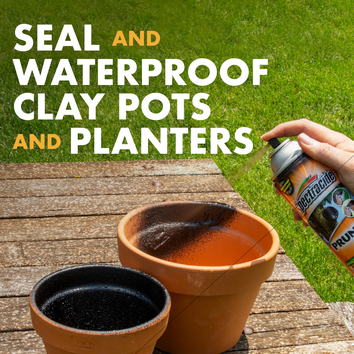 Spectracide Pruning Seal waterproofs a clay pot interior to prevent staining.