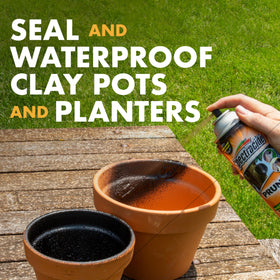Spectracide Pruning Seal waterproofs a clay pot interior to prevent staining.