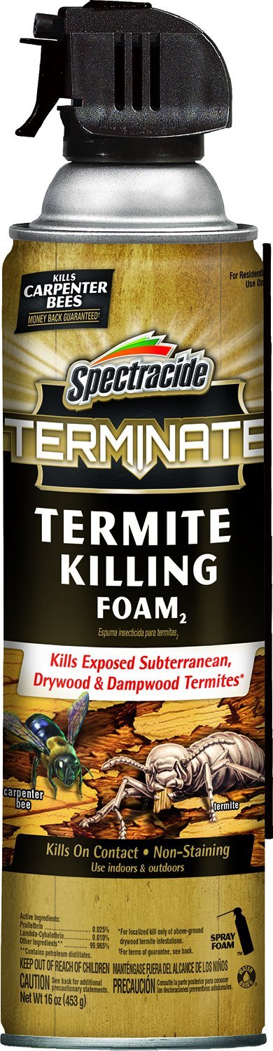 Spectracide Terminate termite killing foam with extension tube for hard-to-reach spaces.