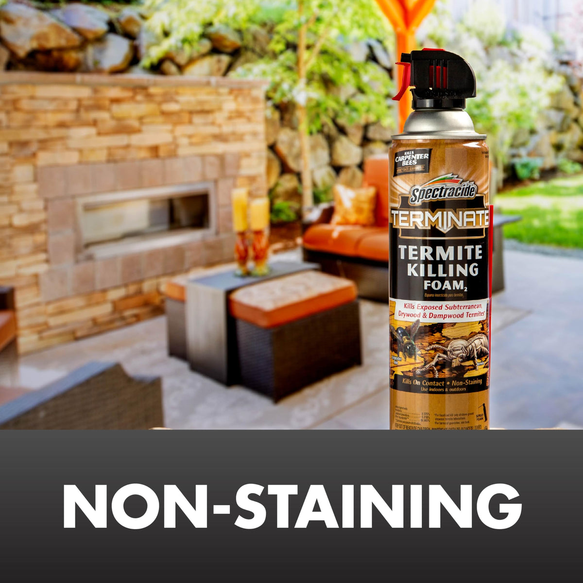 Treatment targets termite tunnels and damaged wood on wood surfaces.