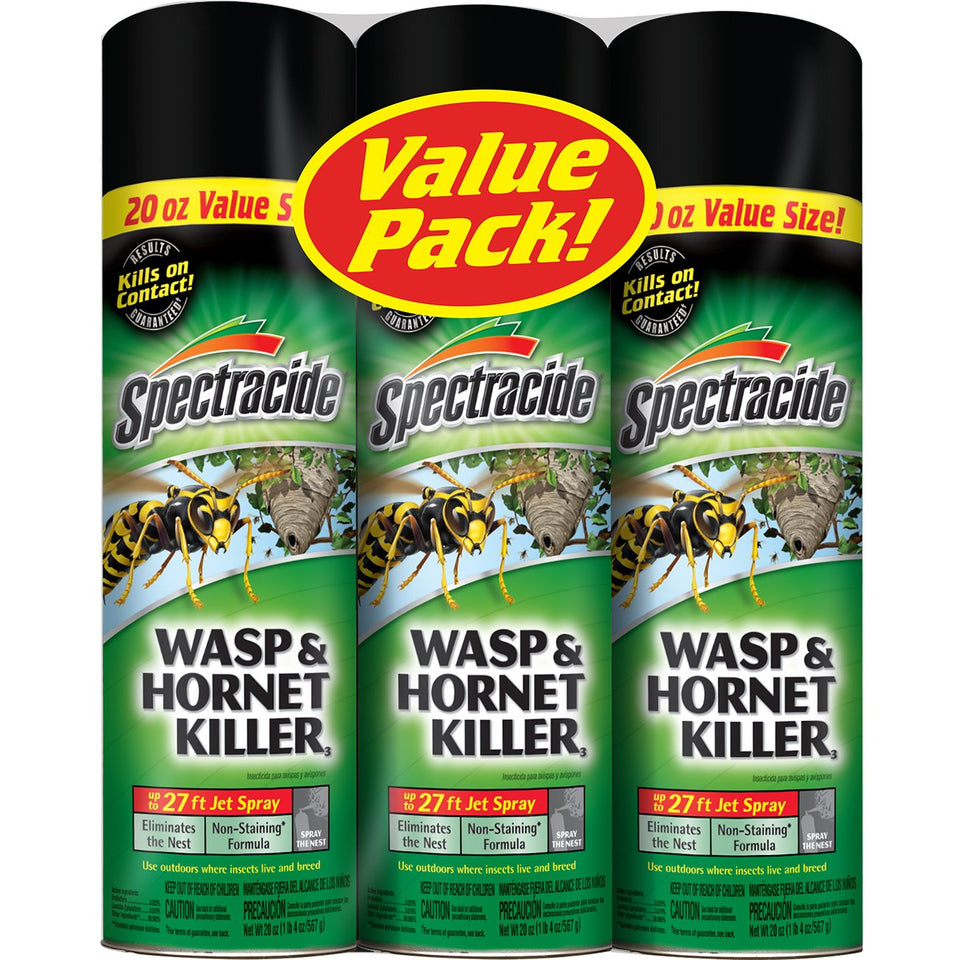 Spectracide Wasp and Hornet Killer Aerosol 20 oz pack ready for outdoor nest elimination up to 27 feet.