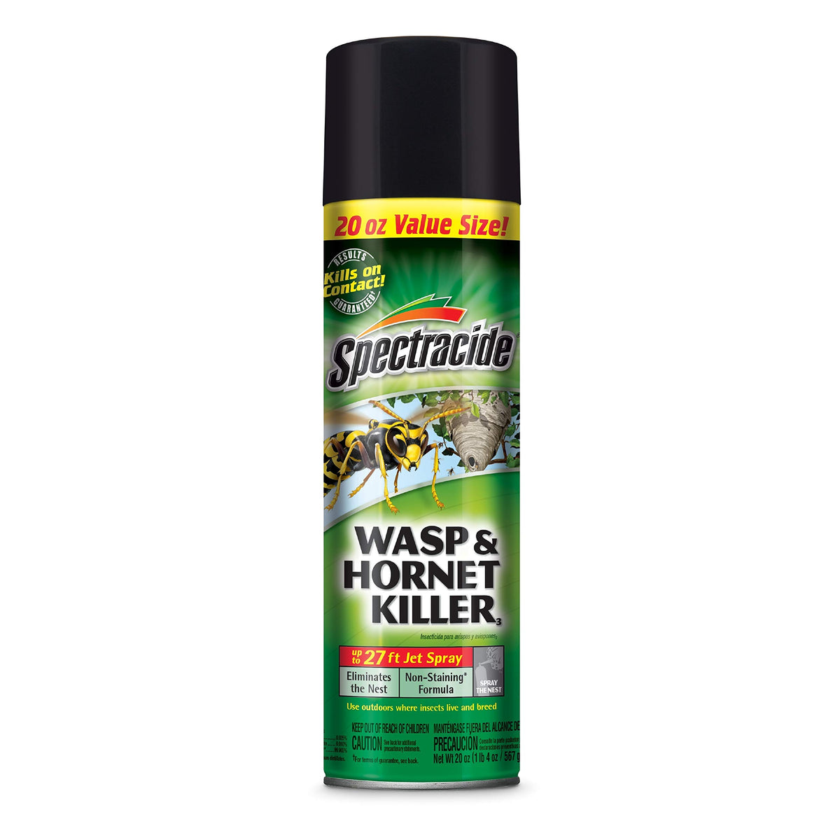 Spectracide Wasp and Hornet Killer Aerosol jet spray reaches distant nests for quick control.