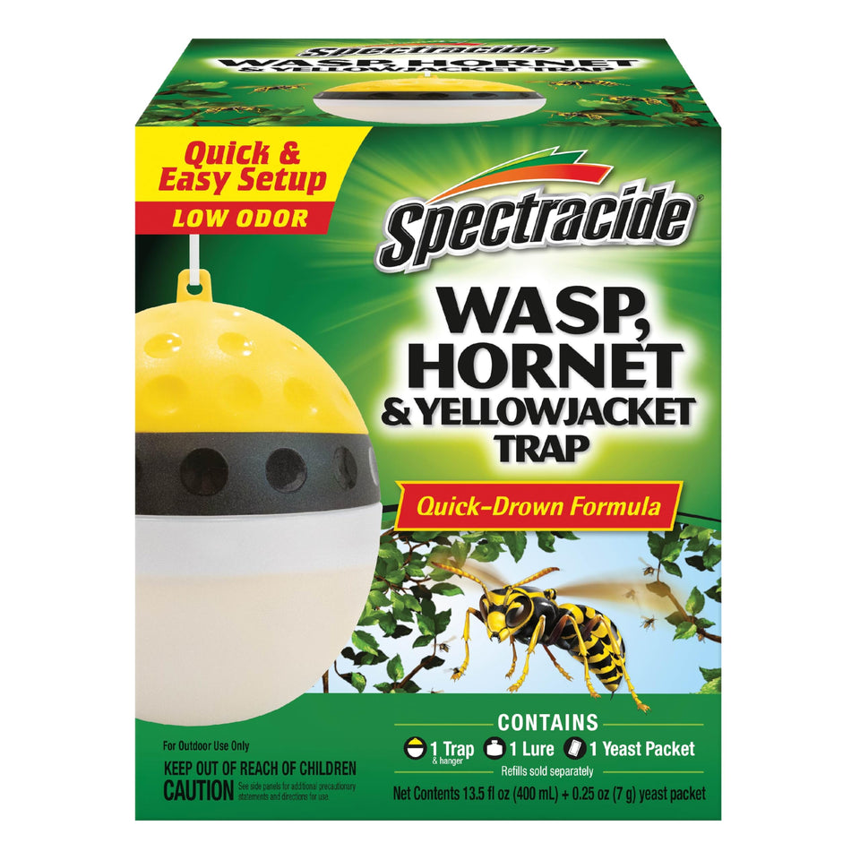 Spectracide Wasp Trap hanging outdoors in sun attracts wasps and yellowjackets.