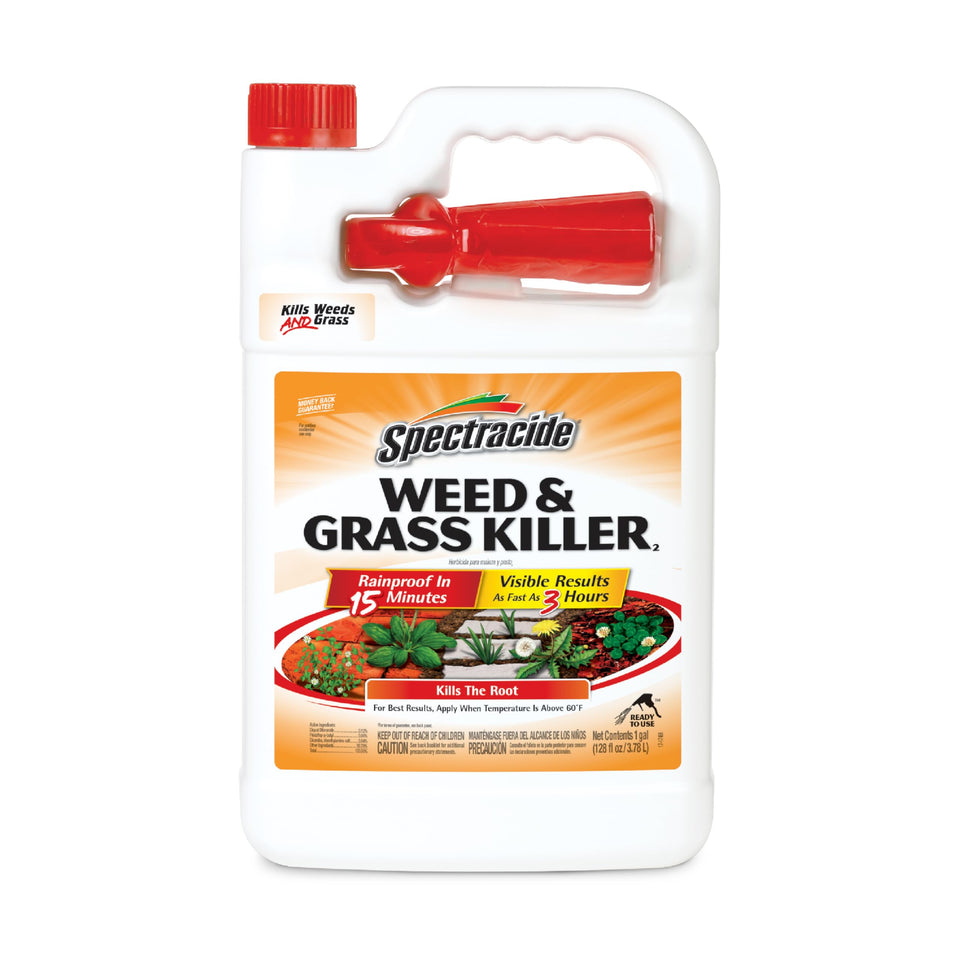 Spectracide Weed & Grass Killer bottle pour demonstrates ready-to-use formula for fast weed control.