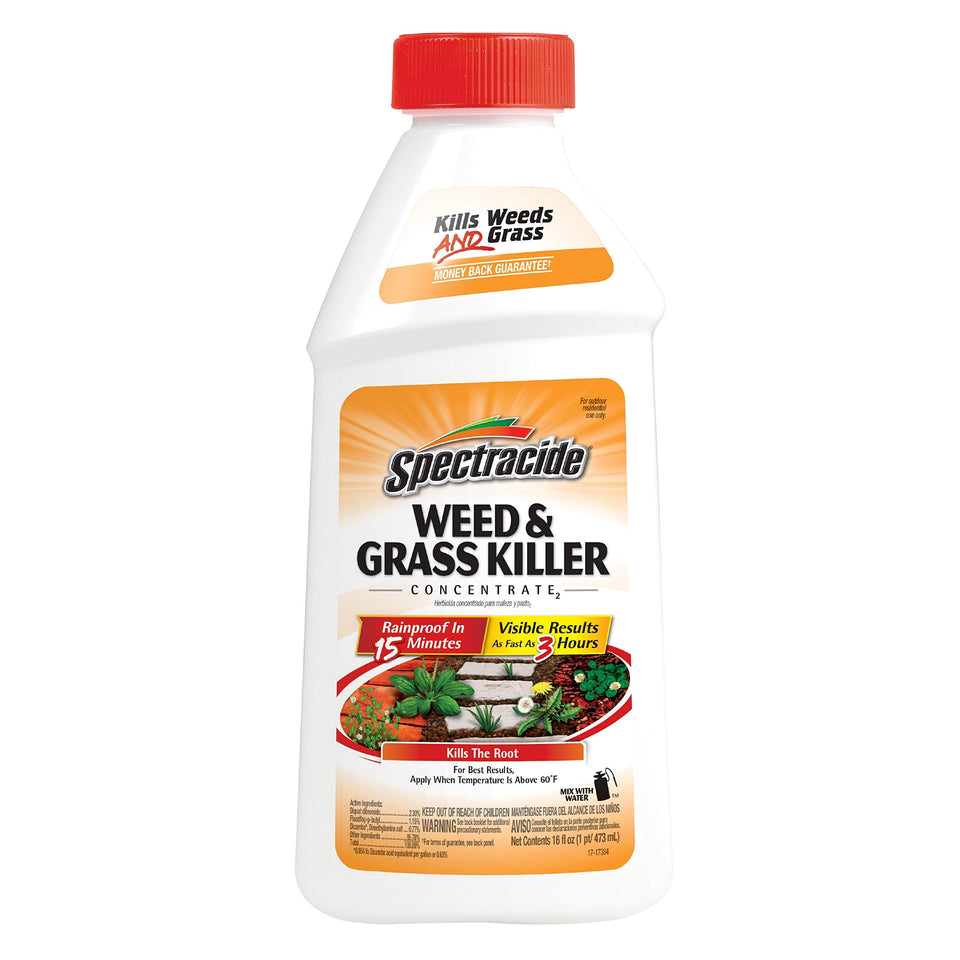 Spectracide Weed Killer Concentrate bottle pour enables easy spot treatment on sidewalks