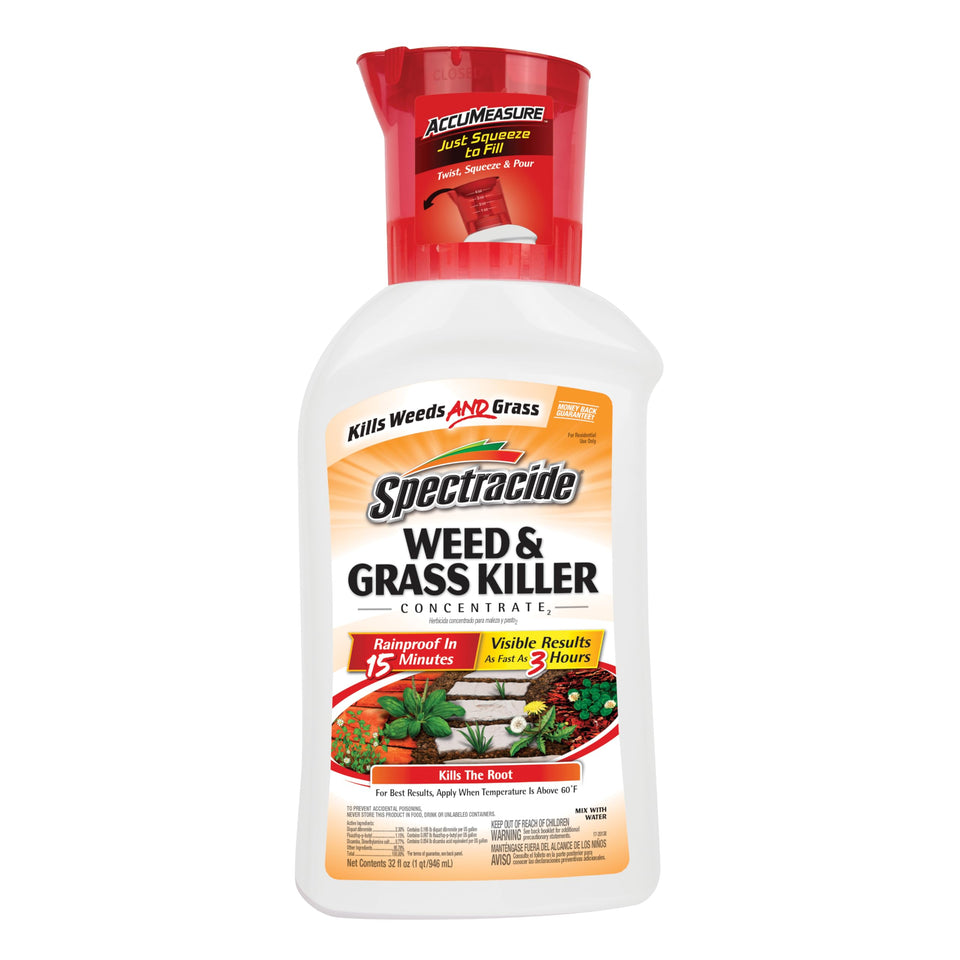 Spectracide Weed Killer Concentrate with AccuMeasure cap enables precise mixing for spot treatments.