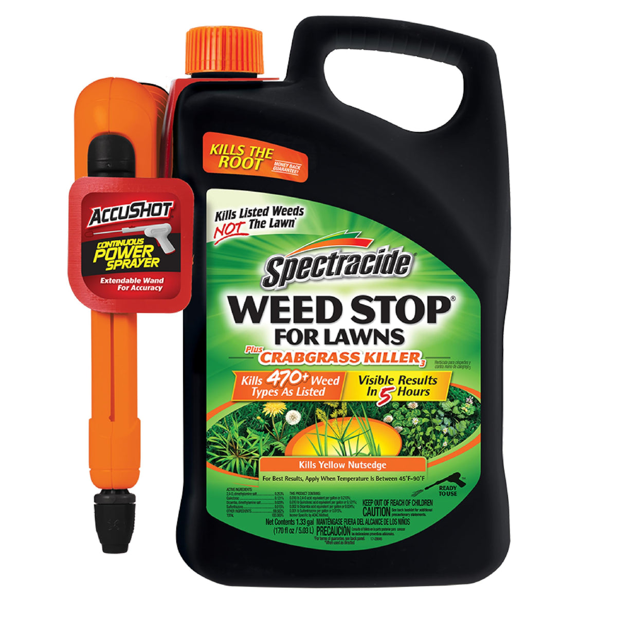 Spectracide Weed Stop for Lawns Plus Crabgrass Killer with AccuShot Sprayer targets lawn weeds quickly