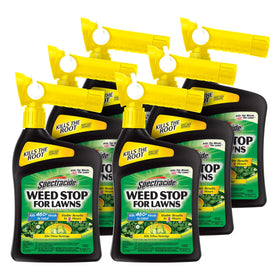 Spectracide Weed Stop for Lawns bottle pour shows quick, root-level weed killing