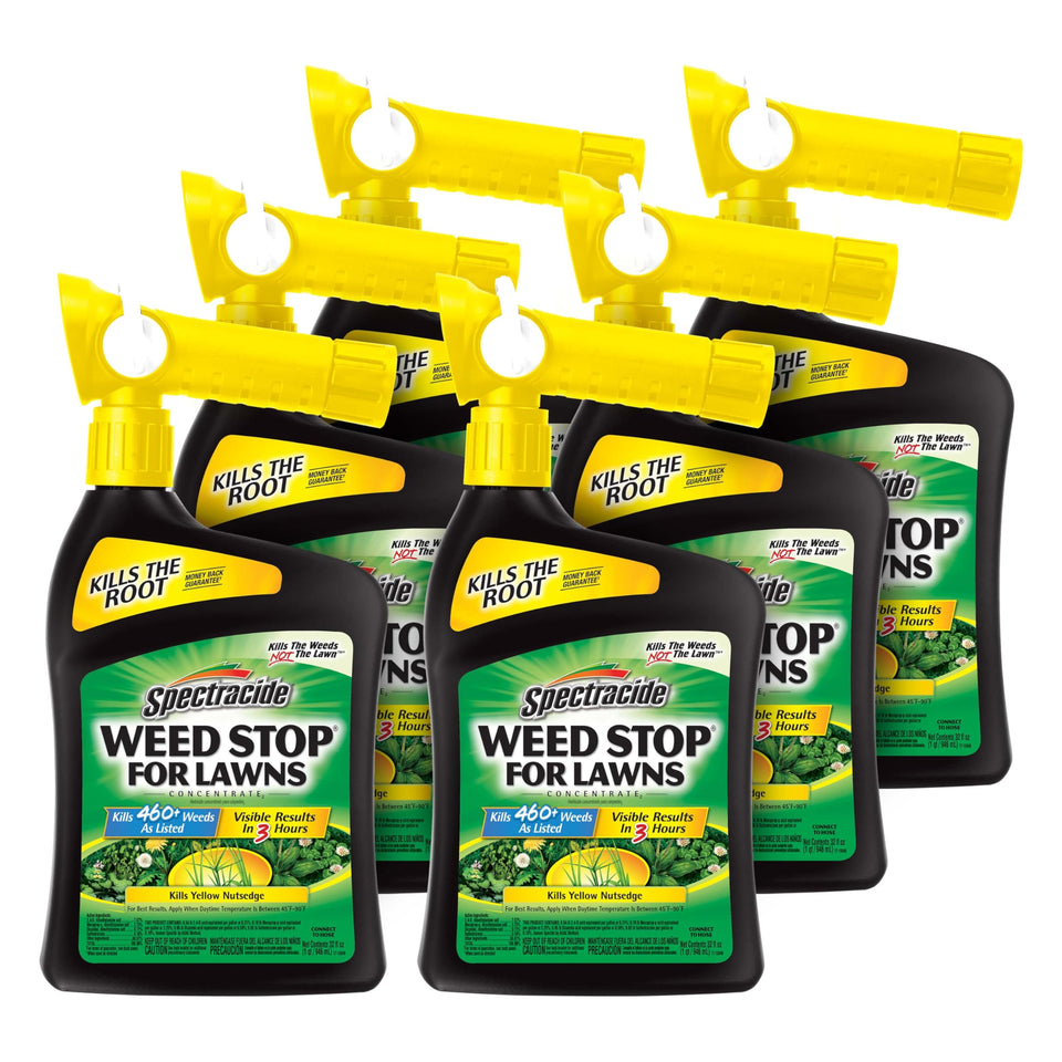 Spectracide Weed Stop for Lawns bottle pour shows quick, root-level weed killing