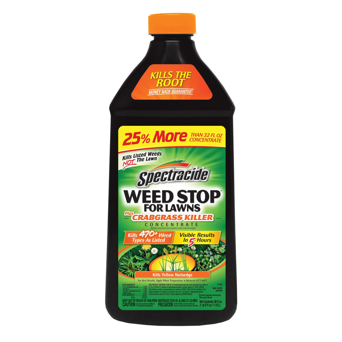 Spectracide Weed Stop bottle image highlights fast-acting weed control for lawns.
