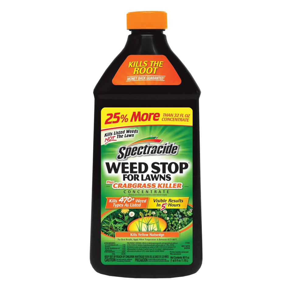 Spectracide Weed Stop bottle image highlights fast-acting weed control for lawns.