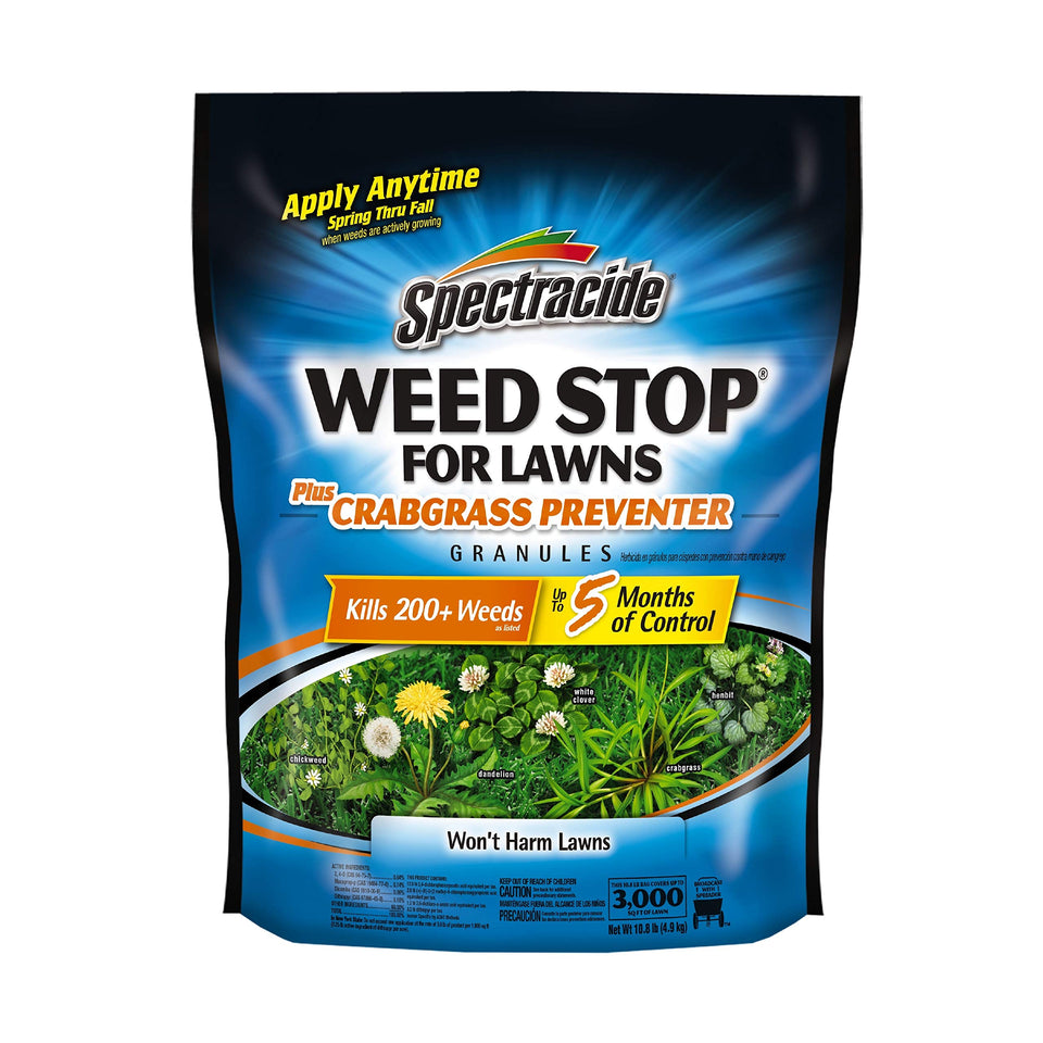 Spectracide Weed Stop granules on lawn bag front view, ready for application and weed control.