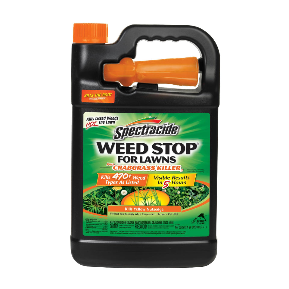 Spectracide Weed Stop for Lawns Plus Crabgrass Killer bottle demonstrating ready-to-use formula targeting 470+ weeds