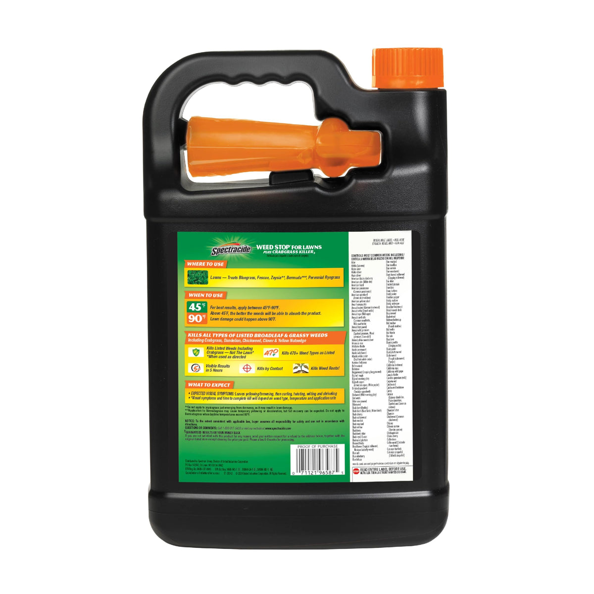 Spectracide Weed Stop label and lawn edge showing broadleaf and grassy weed control options