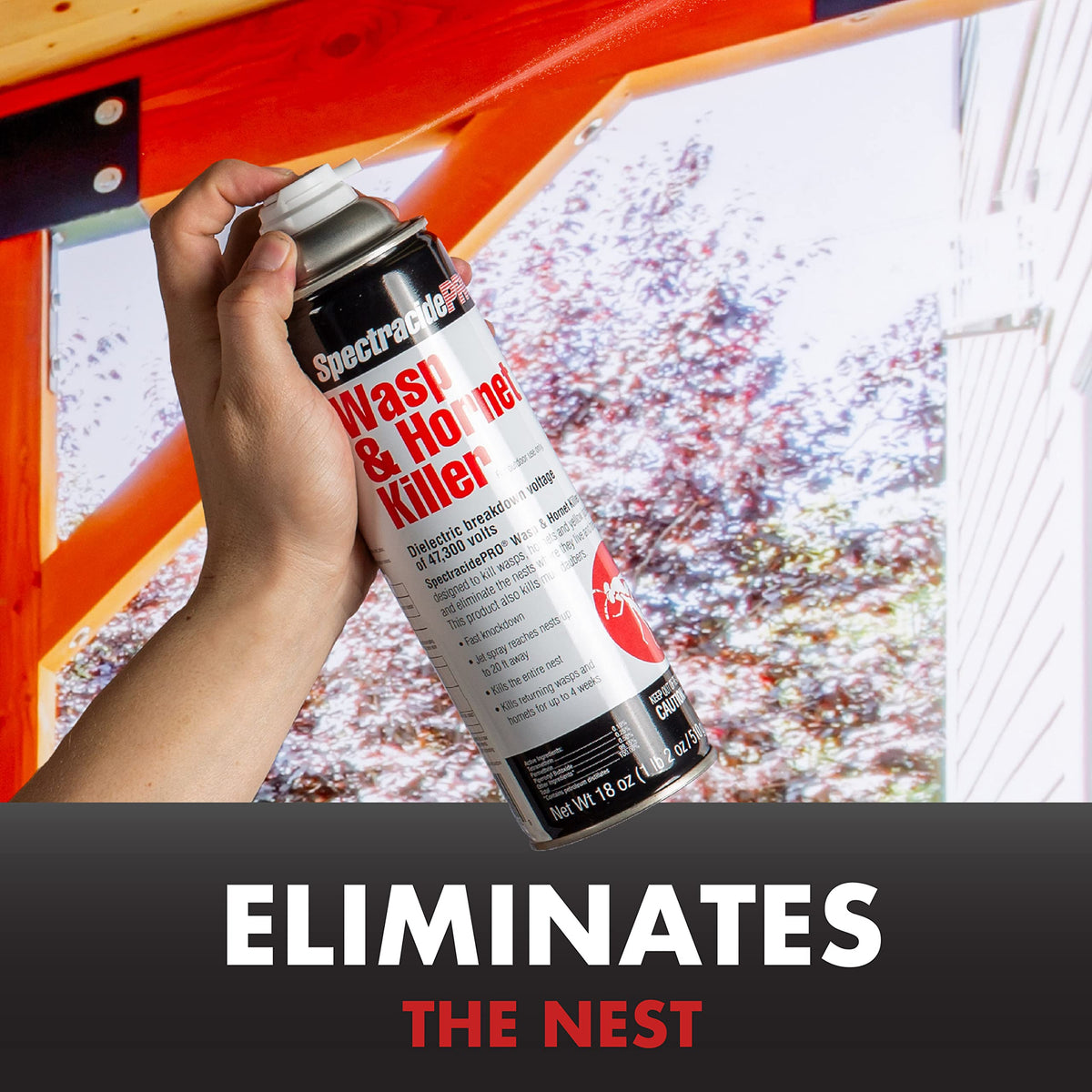 SpectracidePRO Wasp & Hornet Killer deploying to eliminate a wasp nest outdoors