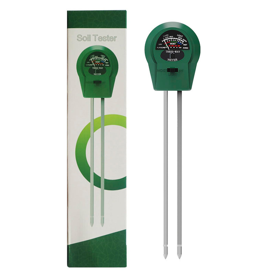 Speedinistic 3-in-1 soil meter display shows moisture, pH, and light readings for garden testing.