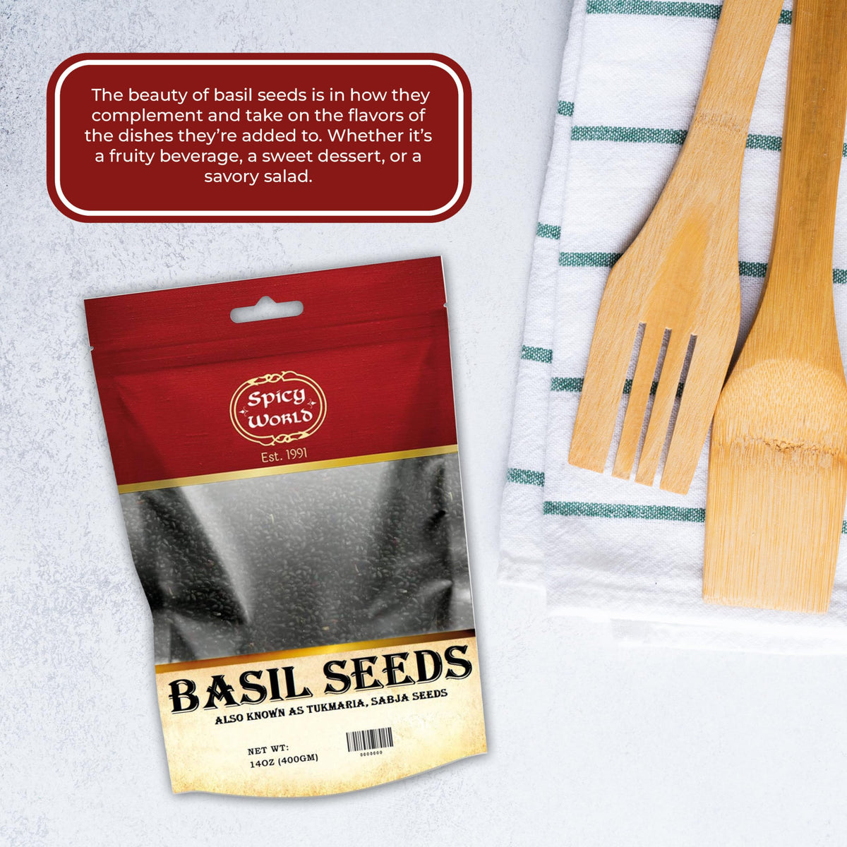 Spicy World basil seeds demonstration showing gelatinous texture for beverages