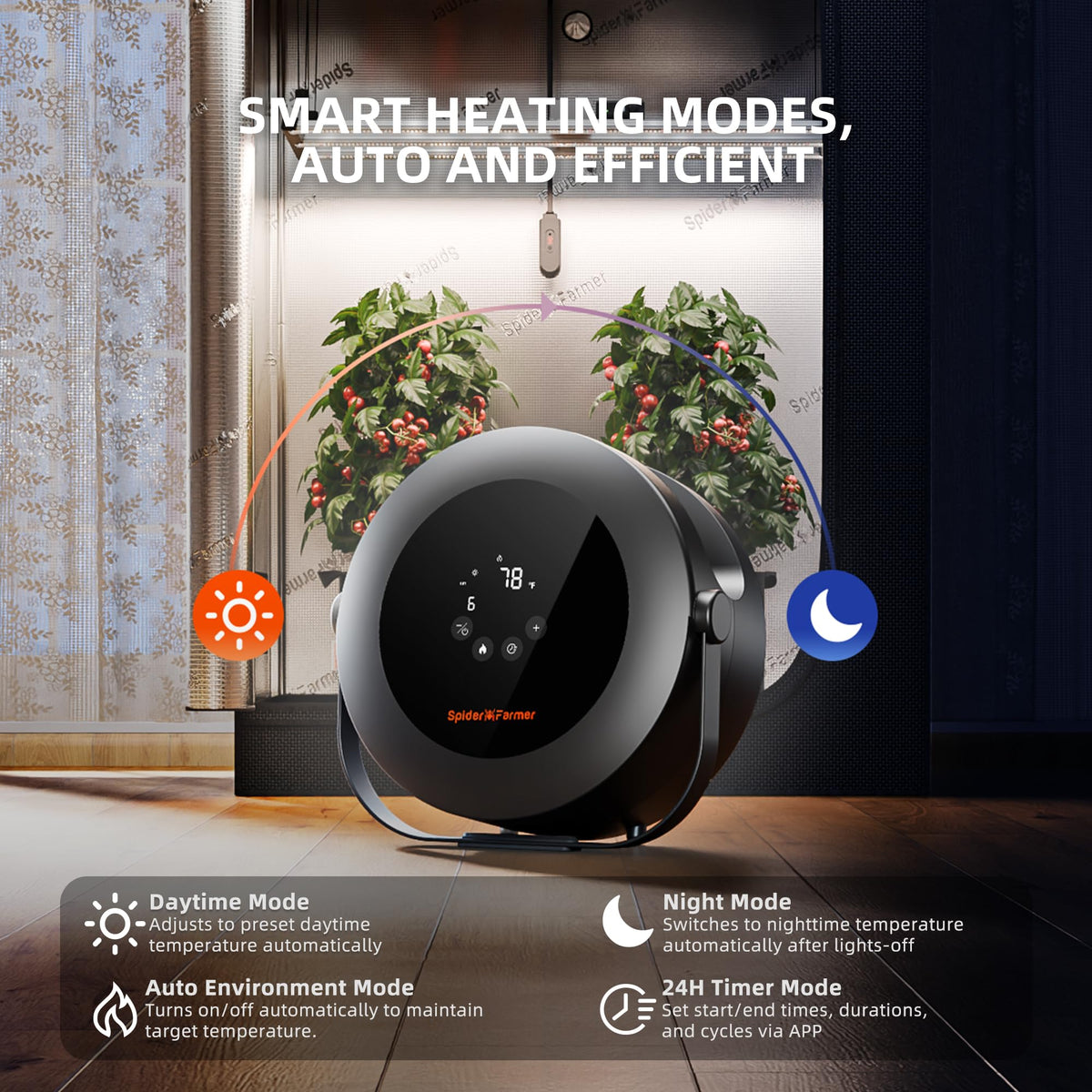 Spider Farmer tent heater digital control panel enables precise climate management