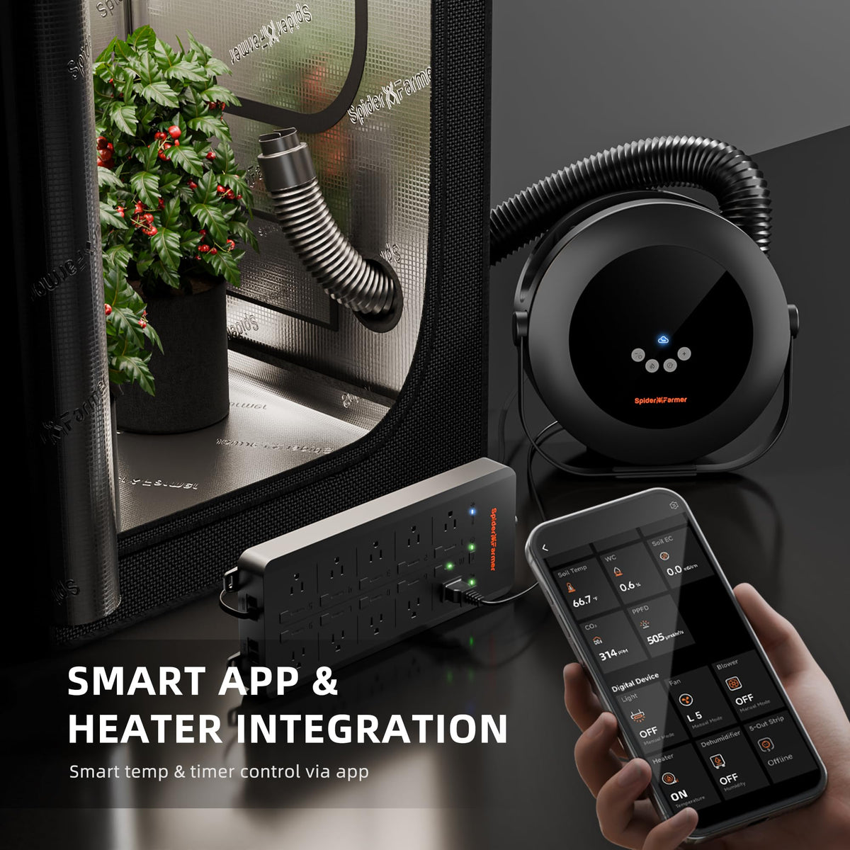 Spider Farmer tent heater temperature sensor helps auto-adjust heating for consistent warmth